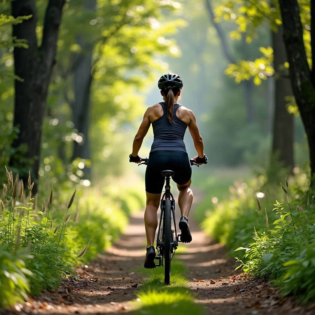 Woman cycling through forest trail