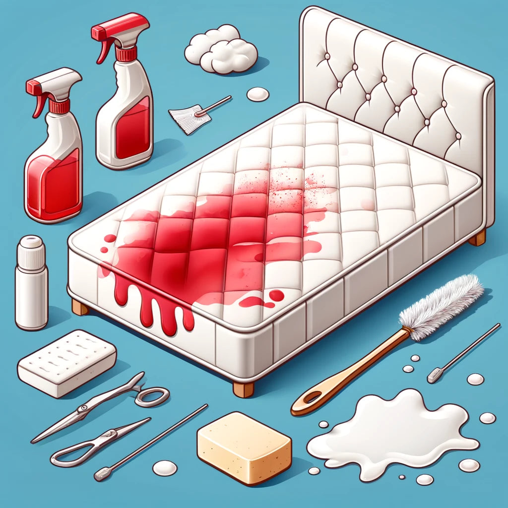 Close-up of a mattress with a small blood stain and cleaning supplies like gloves, spray bottle, and cloth.