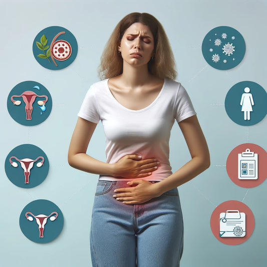 Woman holding abdomen, icons of ovulation and digestive issues, representing bloating during ovulation.