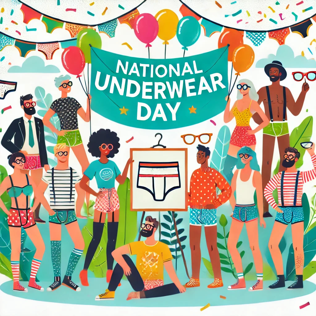 Diverse group of people in colorful underwear celebrating National Underwear Day with confetti and balloons.