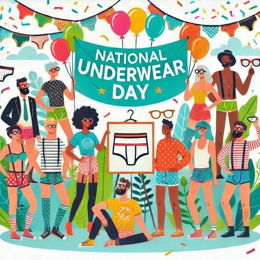 Diverse group of people in colorful underwear celebrating National Underwear Day with confetti and balloons.