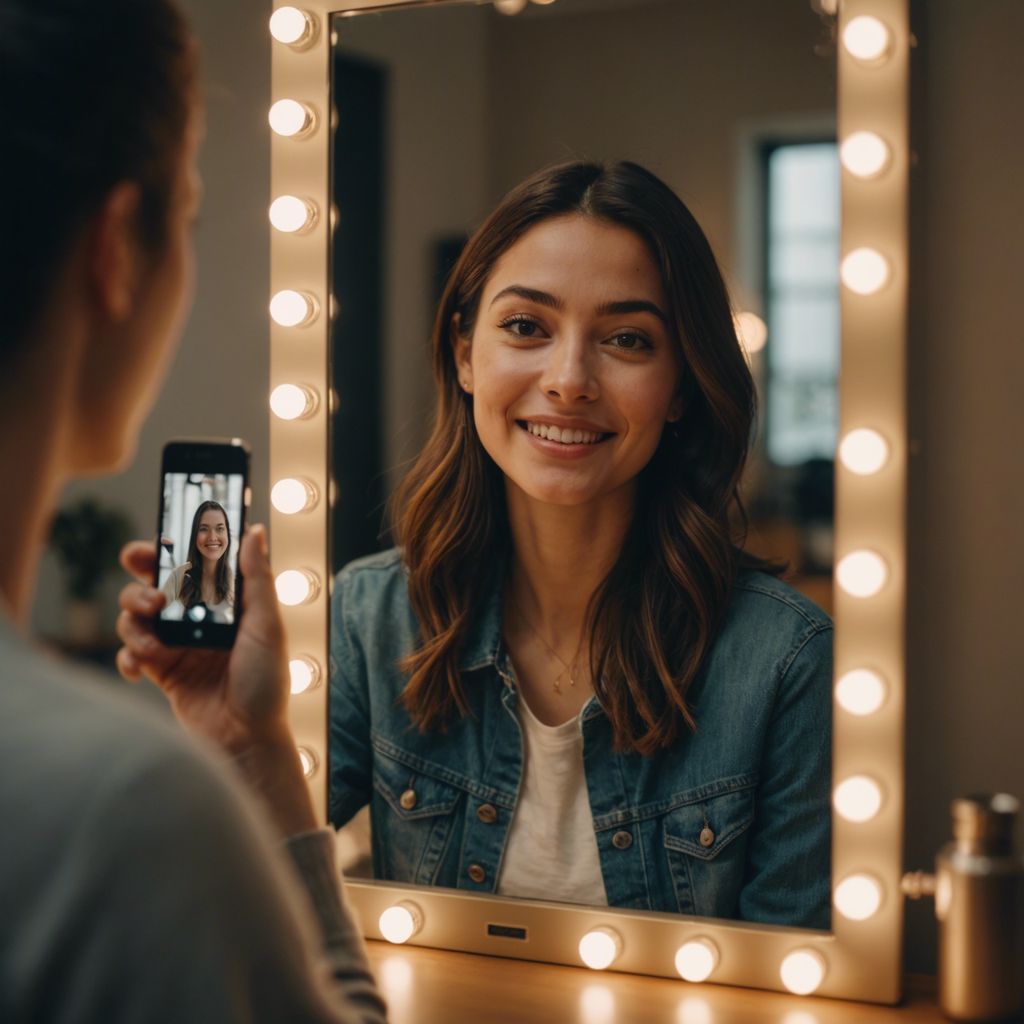 Person taking a selfie in front of a mirror, illuminated by warm light, expressing joy and self-acceptance.