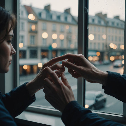 Two people separated by a window, touching hands.