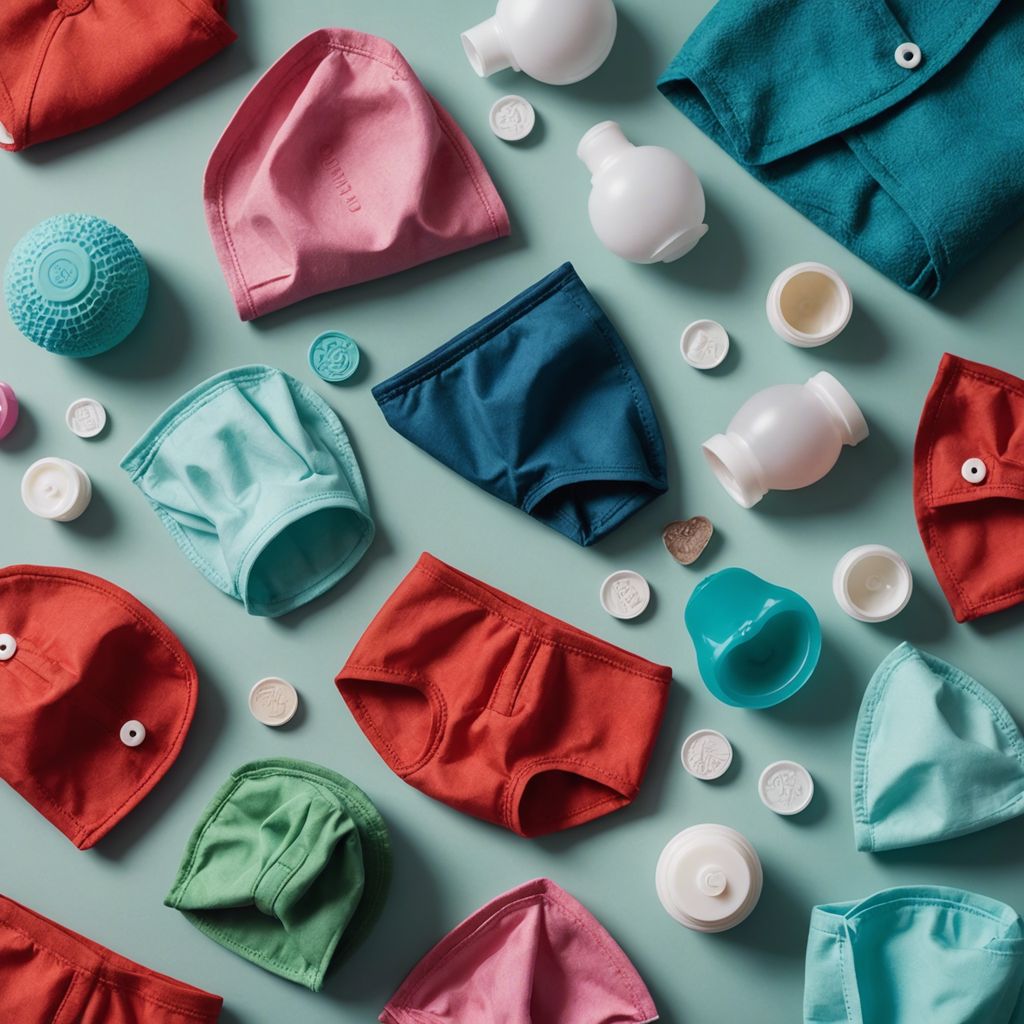 Collage of menstrual cups, cloth pads, and period underwear with a myth-busting stamp overlay.