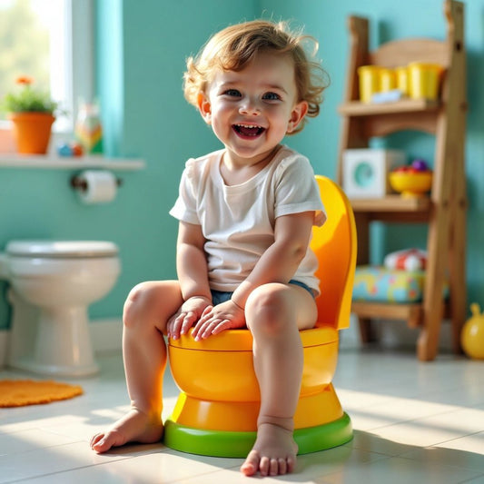 Toddler happily using a colorful potty in a bathroom.