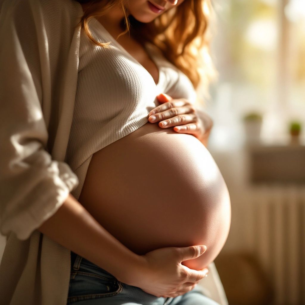 Pregnant woman touching her abdomen with a serene expression.