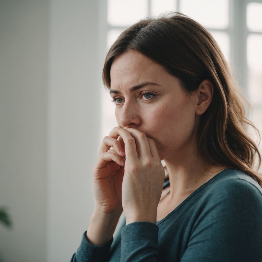 Pregnant woman holding nose, looking uncomfortable, light background