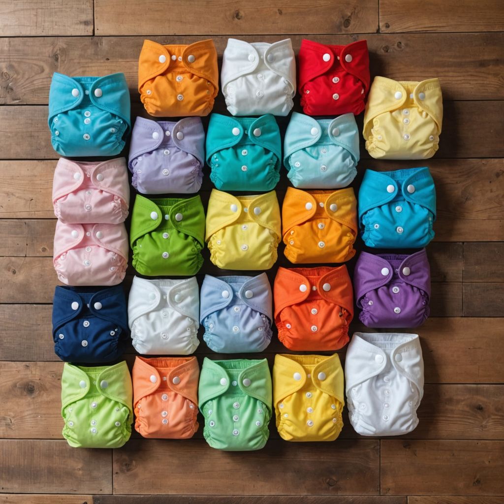 Colorful reusable nappies on a wooden table.