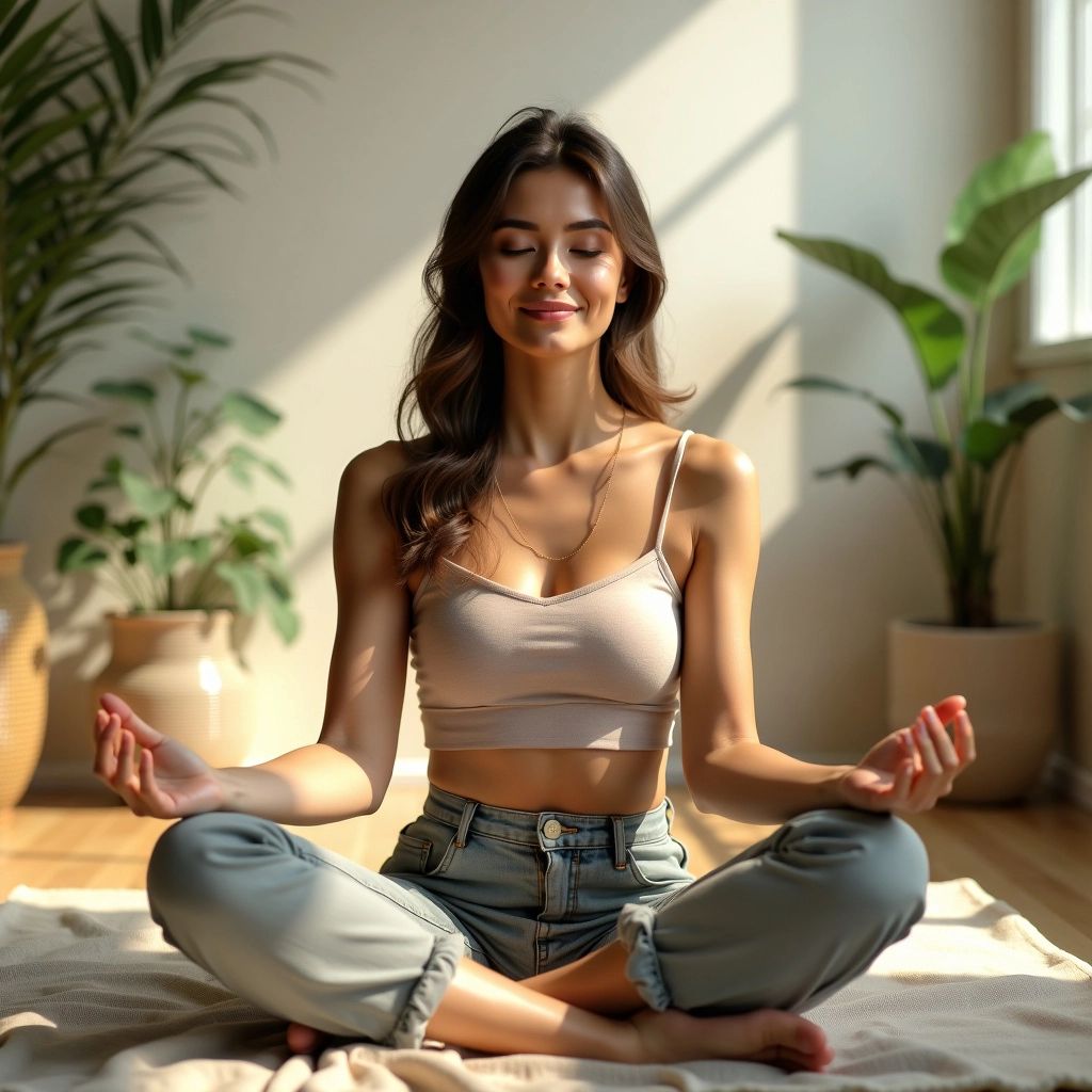 Woman meditating in a serene, calming environment.