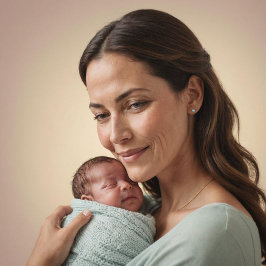 Mother cradling newborn baby, both smiling.