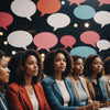 Women discussing menstruation with speech bubbles.