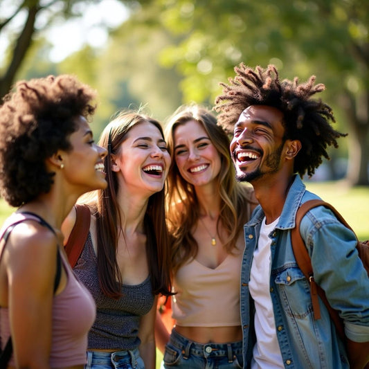 Diverse teenagers laughing together in a sunny park.