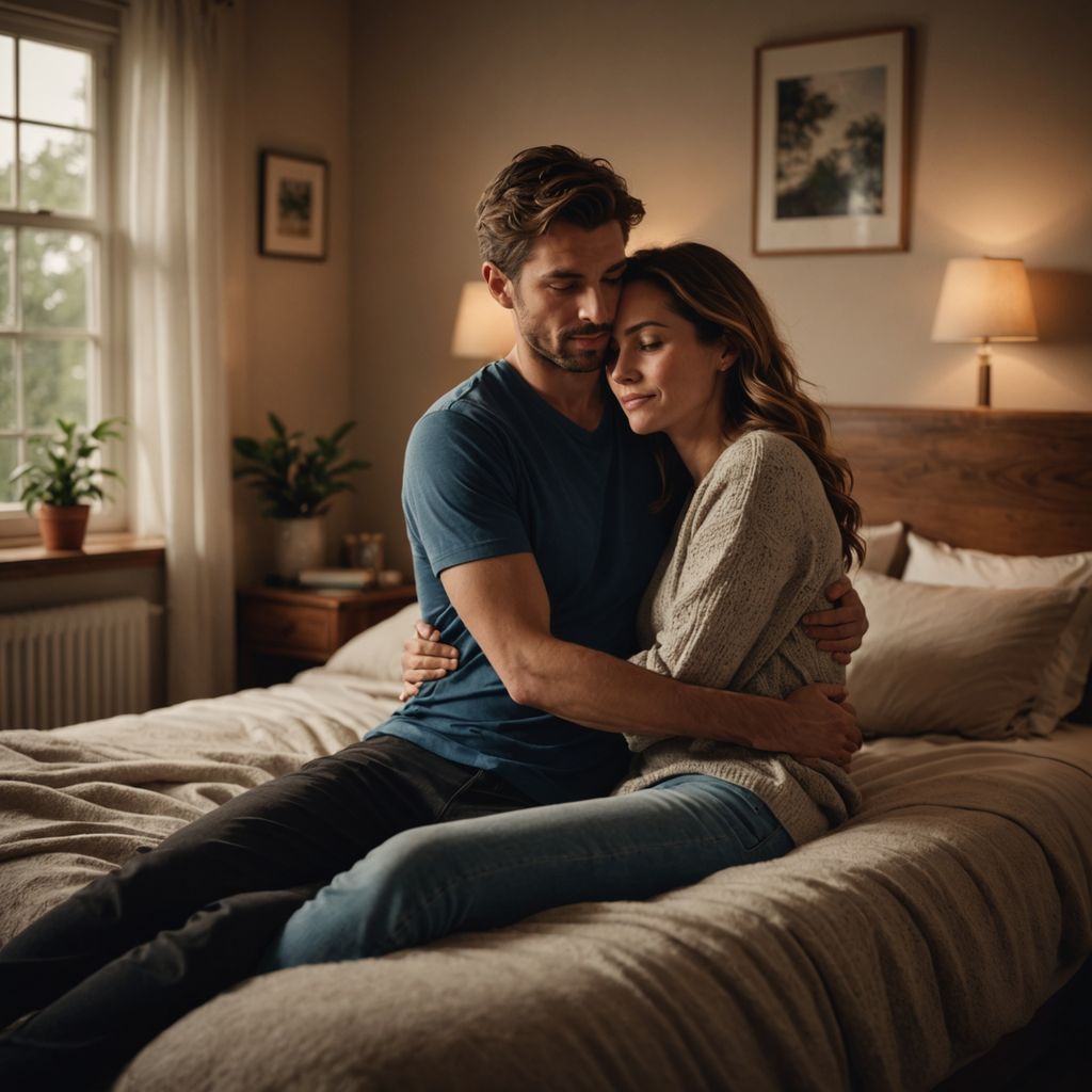 Couple in intimate embrace in cozy bedroom.