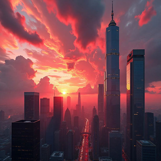 Crimson cityscape at dusk with dramatic sky