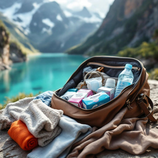 Travel bag with menstrual essentials and scenic background.