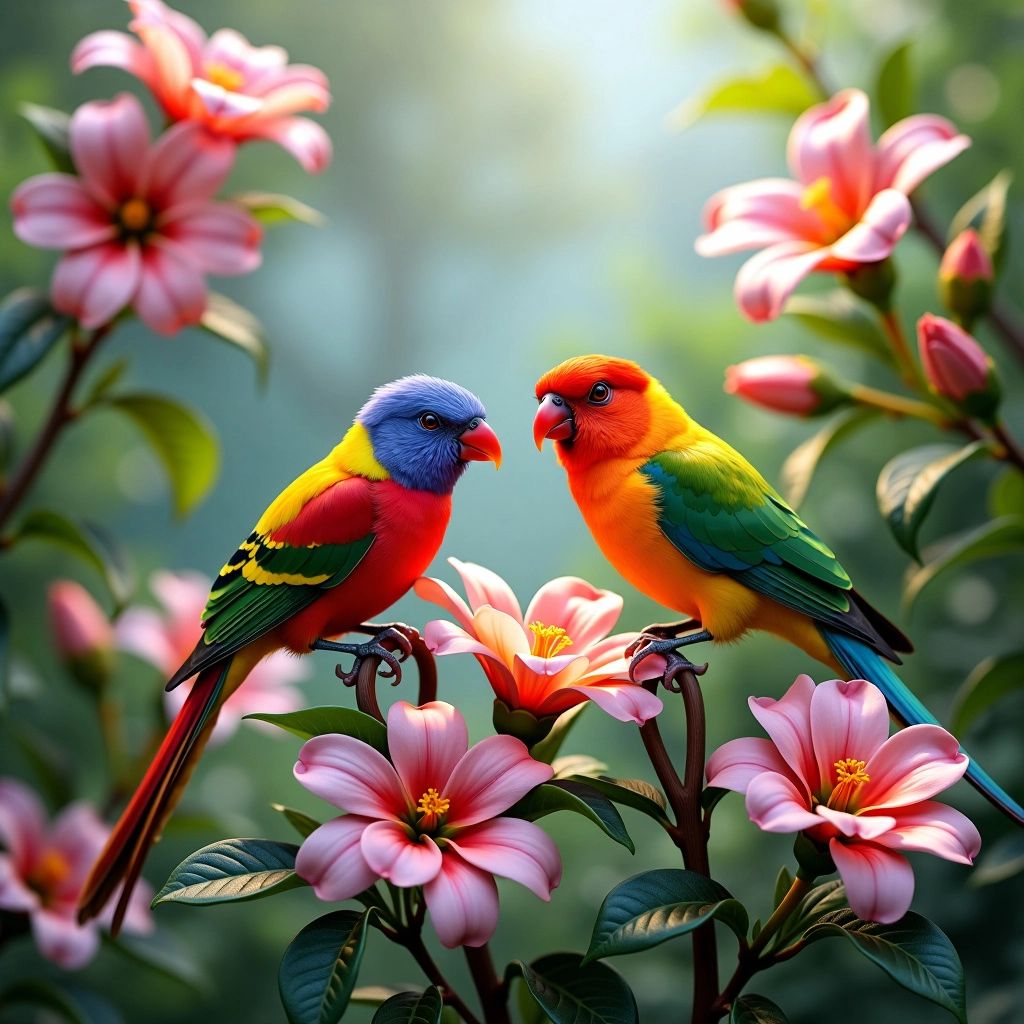 Colorful birds on flowers in a lush green setting.