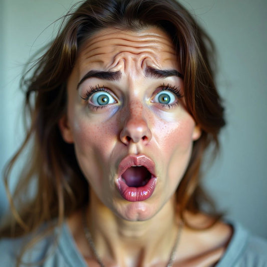 Woman sneezing with a surprised expression