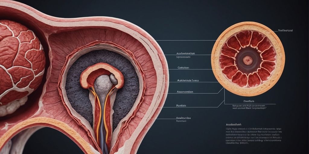 Cross-sectional illustration of uterus showing adenomyosis stages and symptoms like heavy menstrual bleeding, pelvic pain, and enlarged uterus.