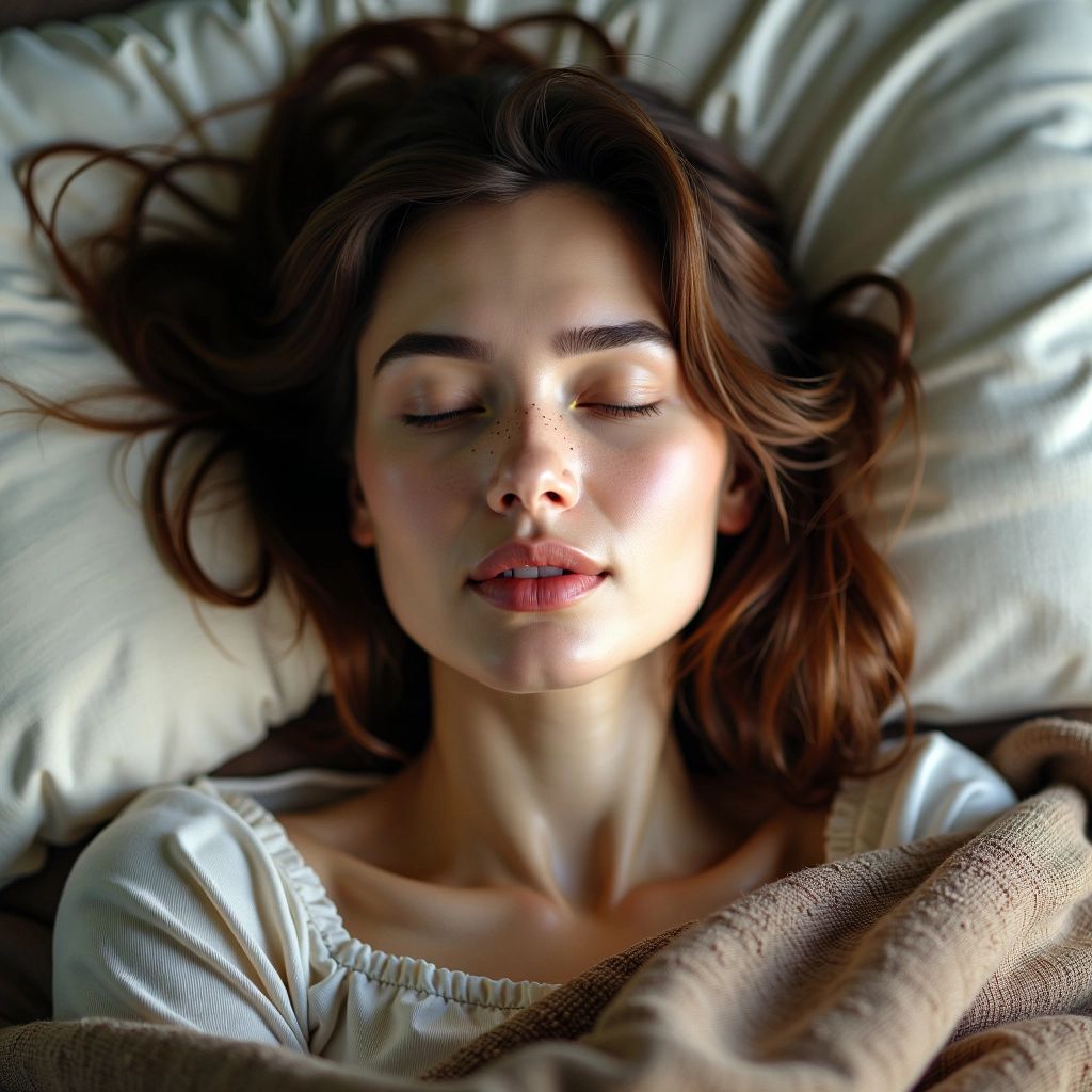 Close-up of a woman resting on a bed.