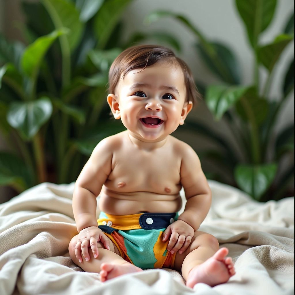 Baby in colorful cloth nappy on eco-friendly blanket