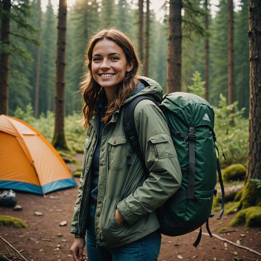 Woman camping confidently in the forest, holding a backpack, symbolizing empowerment during her period.