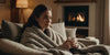Woman in a cozy living room, wrapped in a blanket, holding a cup of tea, symbolizing comfort and recovery after D&C.