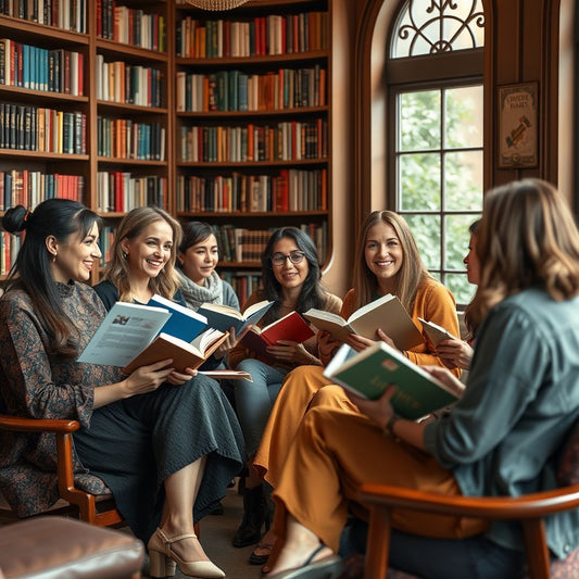 Women reading and discussing books in a library.