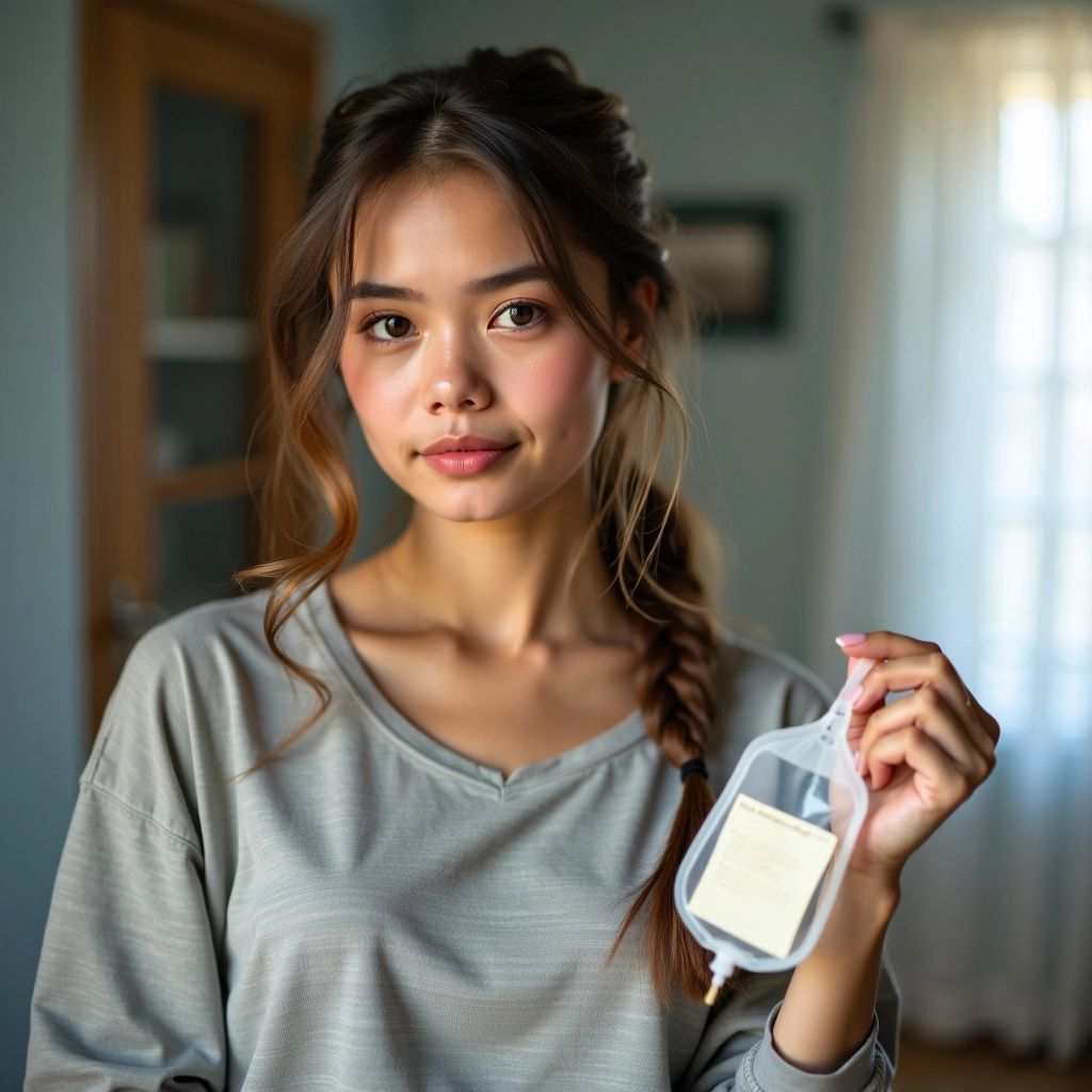 Young woman holding an ostomy bag