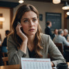 Woman looking confused with a calendar in the background.