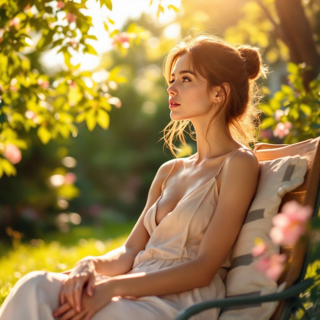 Woman outdoors in sunlight, looking thoughtful and relaxed.