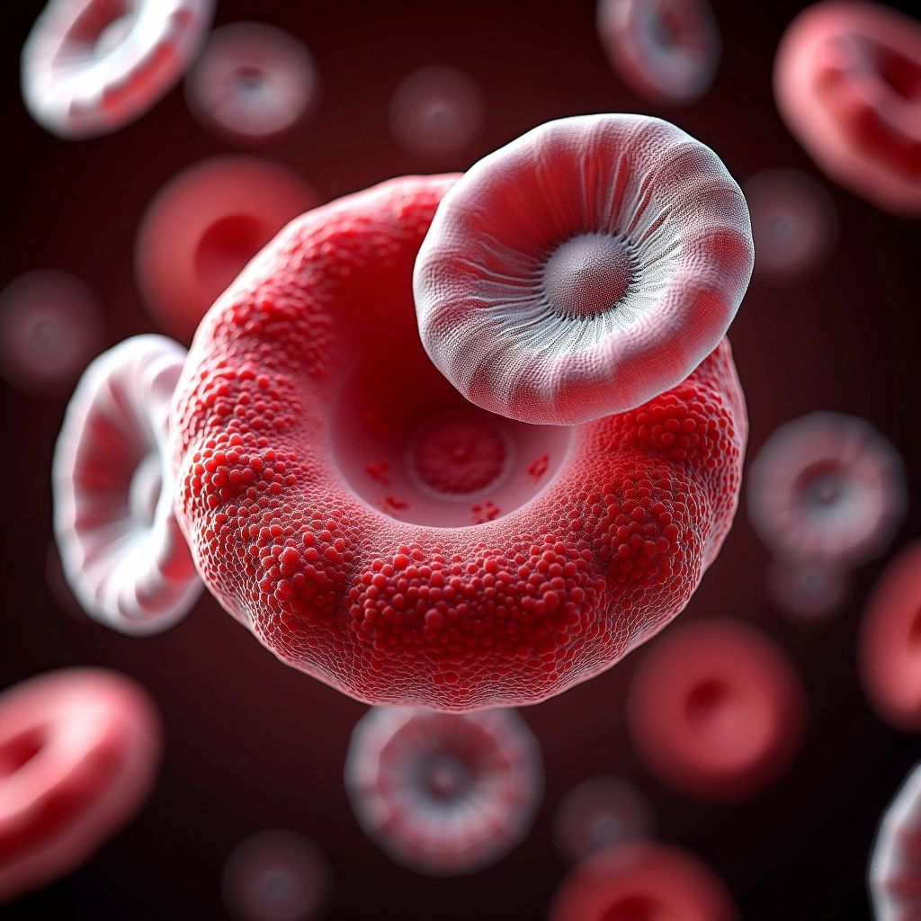 Close-up of vibrant human blood cells on dark background.