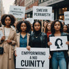 Diverse women holding signs with empowering messages, symbolizing unity and strength in feminism.