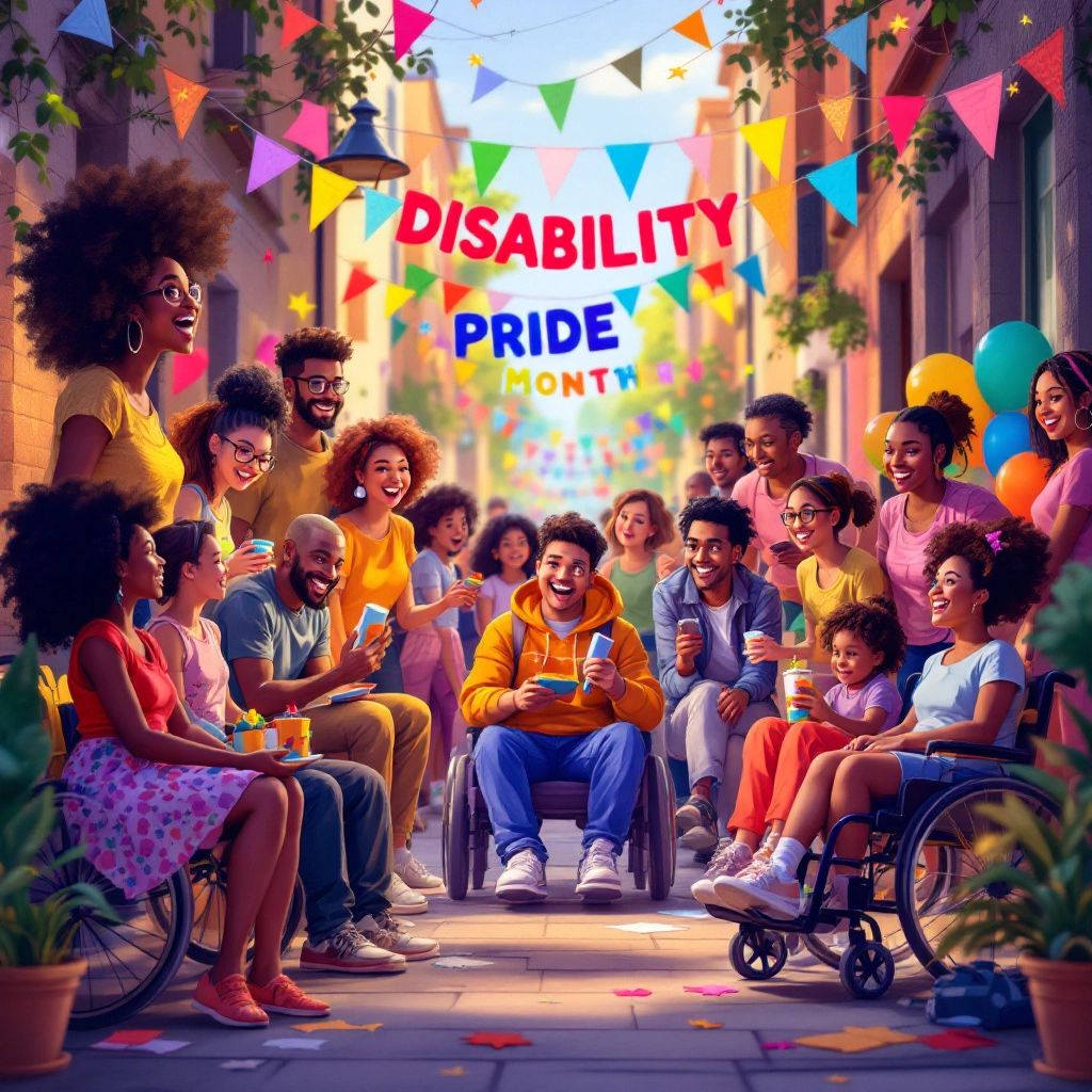 Diverse individuals celebrating Disability Pride Month together.