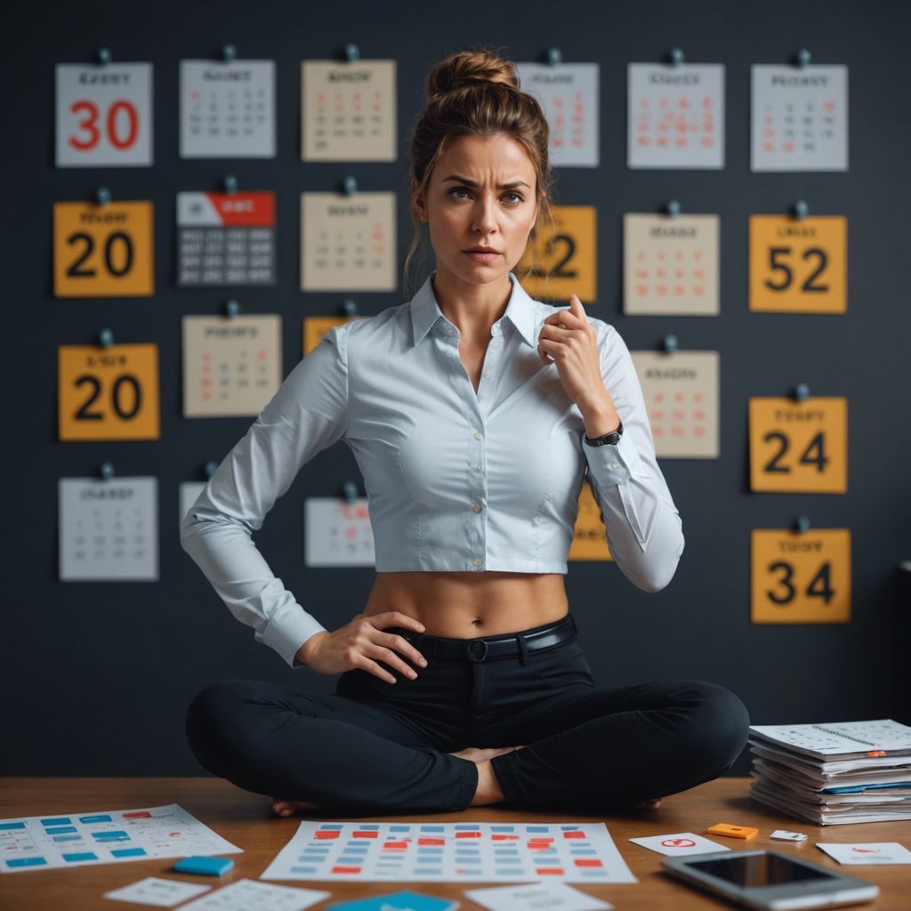 Woman holding abdomen, stressed, with calendar icons and stress symbols indicating menstrual cycle impact.