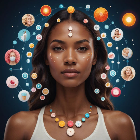 Woman with glowing skin, menstrual cycle icons, and skincare products for each phase.