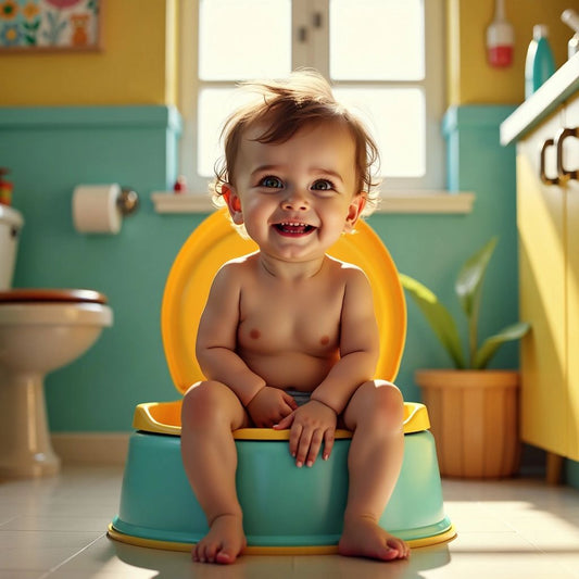 Toddler on potty chair in colorful bathroom