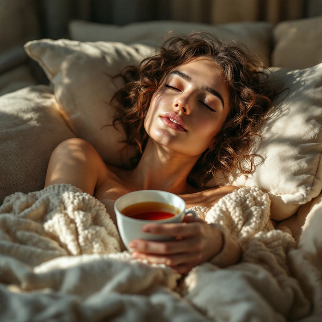 Woman relaxing with herbal tea in a cozy setting.