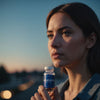 Woman holding melatonin bottle, looking thoughtful