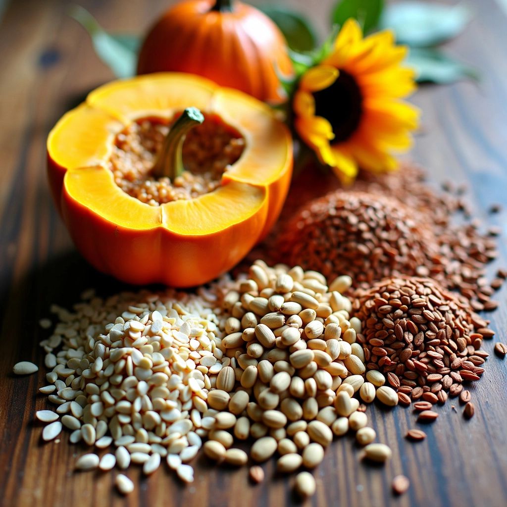 Close-up of assorted seeds on a wooden background.