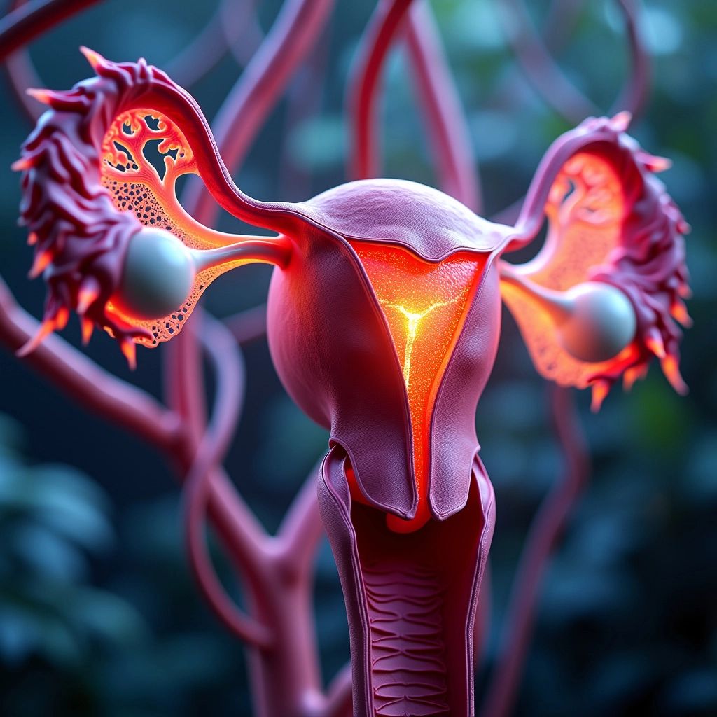 Hyper-realistic image of ovaries and menstrual cycle.