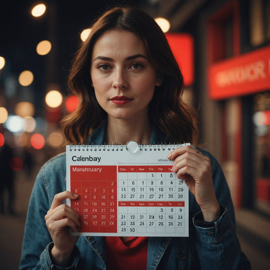 Woman marking menstrual cycle days on calendar.