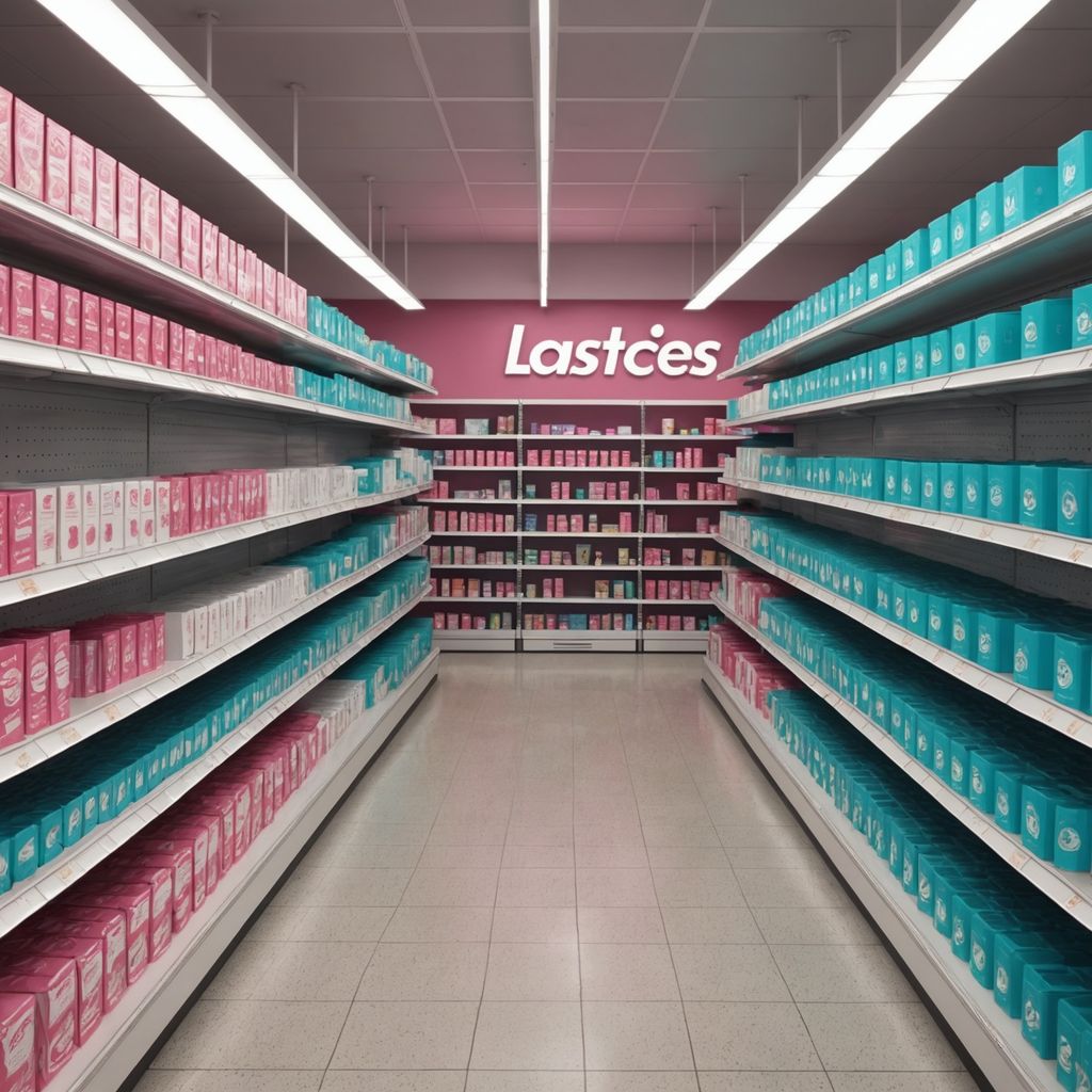 Empty shelves with few tampon boxes left