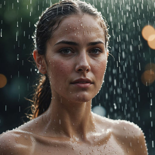 Woman showering, looking serene, water droplets visible.