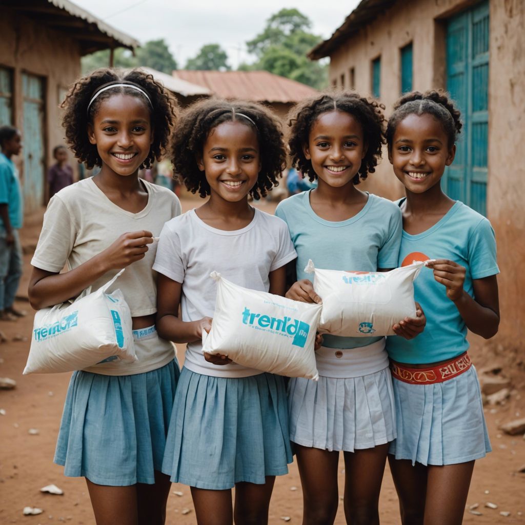 Young Ethiopian girls smiling and holding Trendix period underwear packages in front of a community center.