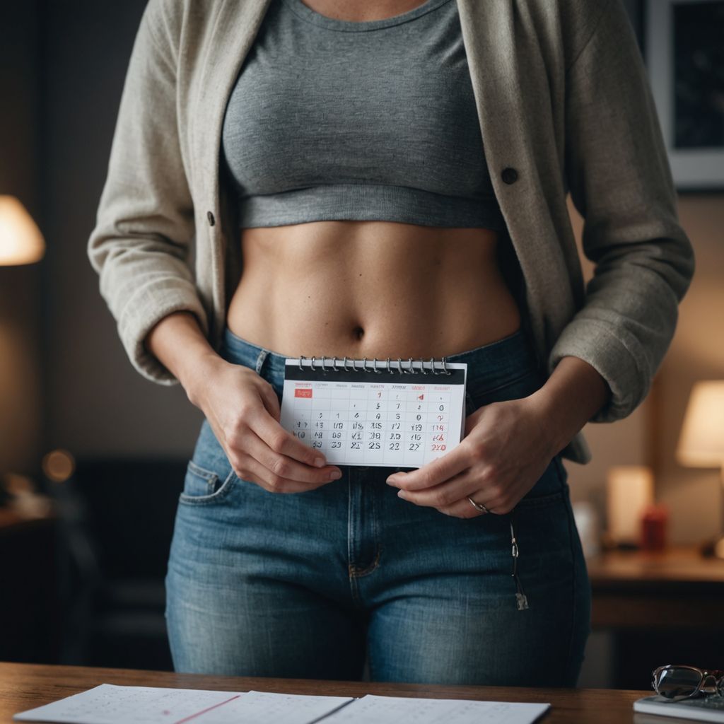 Woman holding abdomen, looking uncomfortable, with calendar in background.