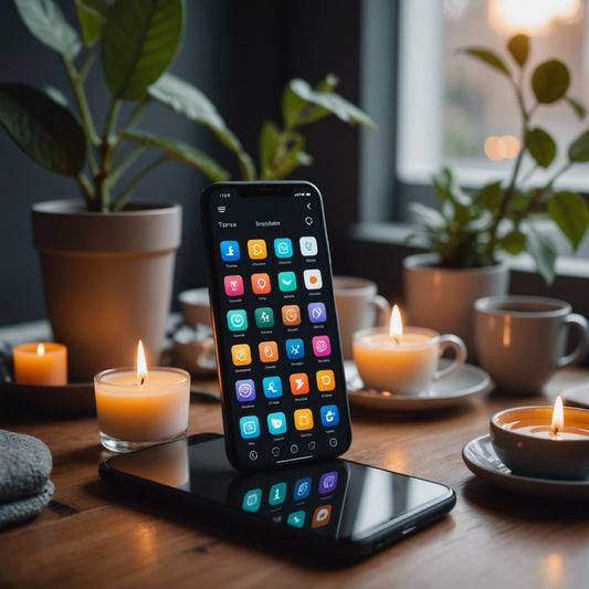 Smartphone with self-care app icons, surrounded by a candle, plant, and tea, representing on-the-go wellness.