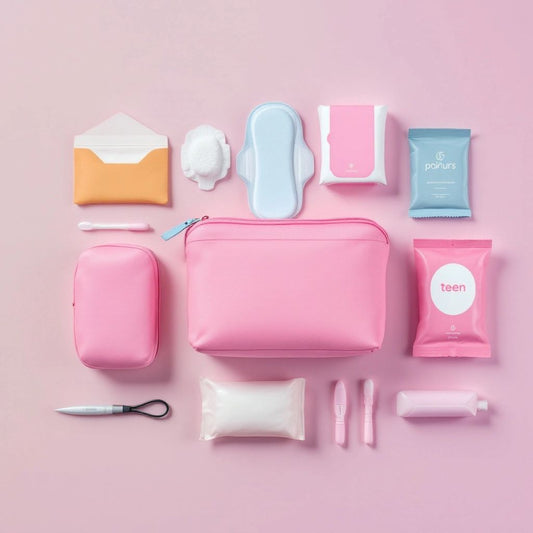 Teen period kit with pads, tampons, and wipes.