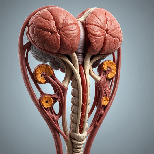 Female reproductive system with highlighted ovaries and uterus.