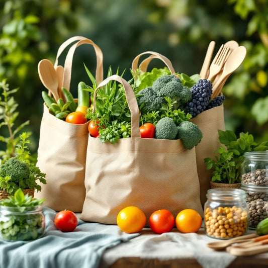 Reusable bags, fresh produce, and eco-friendly products.