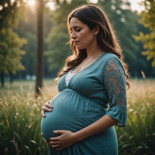 Pregnant woman cradling belly in peaceful setting